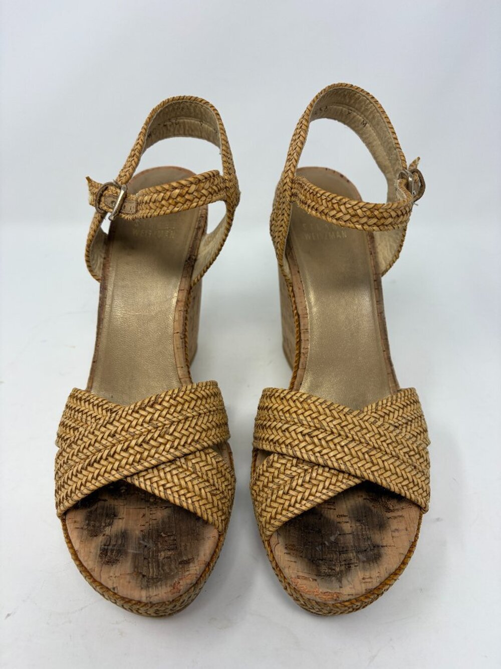 Stuart Weitzman Minx espadrille wedge sandals 9 cork straw ankle strap heeled - Picture 2 of 14